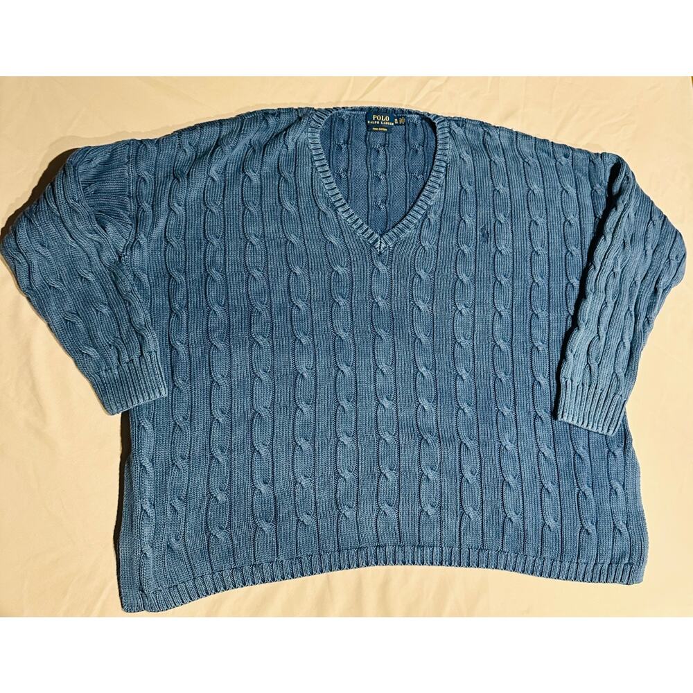 Polo Ralph Lauren Cable Knit Sweater Womens XL Blue Pima V Neck Preppy Old Money